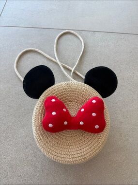 Kids Straw Crossbody Bag, Red Polka Dot Bow and Mouse ears perfect for Disney